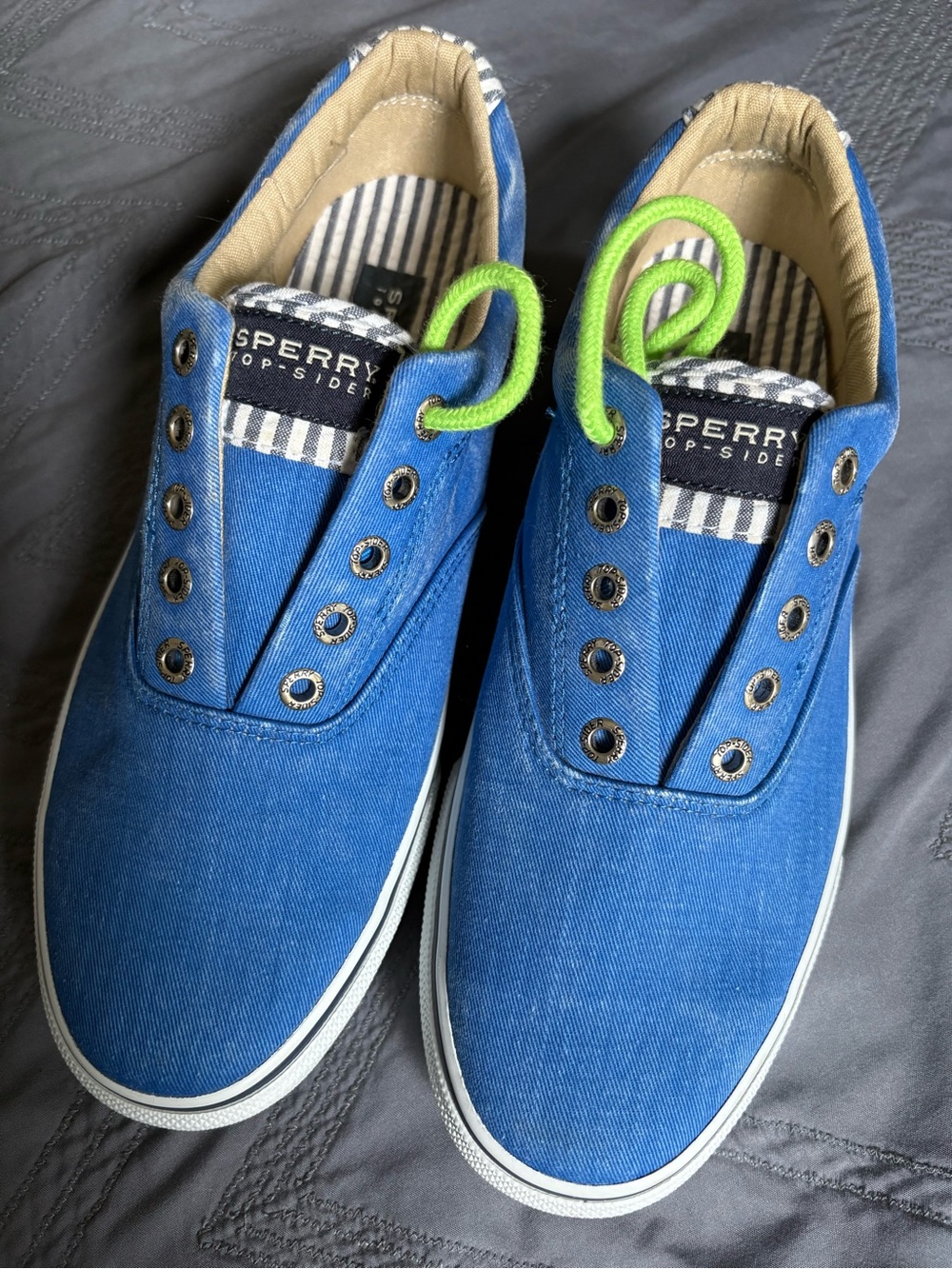 Sperry Blue Canvas Shoe Lace Boat Shoes with Neon Green Accents
